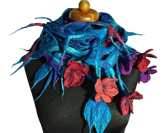 Felted scarf with flowers and leaves, openwork mesh shawl for her, hippie style shawl, scarves for women, unique colorful felt floral scarf