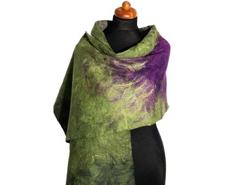 Silk-felt shawl, felted scarf, silk & wool scarves, handmade scarf, felt gift for her ,felted scarves for women, unique purple green scarf