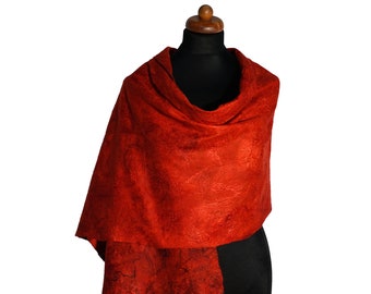 Nuno felt scarf, red silk - felt shawl, felted scarves for women, silk wool scarf for present, unique felt scarf, gift from husband to wife