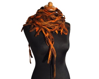 Openwork felt shawl, hand made felted scarf, wool scarves for women, shades of brown and orange, scarf in autumn colors, felt gift for her