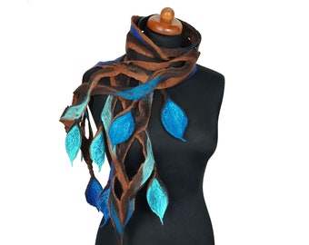 Openwork felted scarf, felt shawl for women, felting wool scarves, shades of brown and turquoise, handmade gift for her