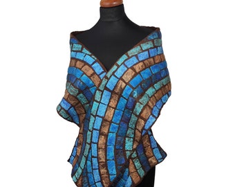 Mosaic-inspired felt scarf, felt shawl for her,mosaic style shawl,scarves for women,unique blue and brown felt scarf,felt gift ready to ship