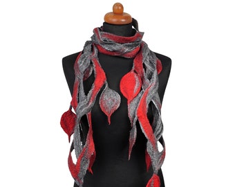 Openwork felt shawl, felted scarf for women, felting wool scarves, shades of gray and red felt scarf, gift for her, handmade, ready to ship