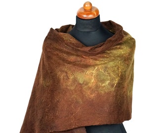 Silk felt scarf, brown, olive green and gold felt shawl, hand felted shawl, nuno felt scarves for women, silk and wool scarf for her, gift