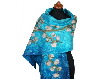 Felted scarf on loosely arranged silk fibers - silk laps, shawl in shades of turquoise with flowers, felting shawl, felt scarves for women