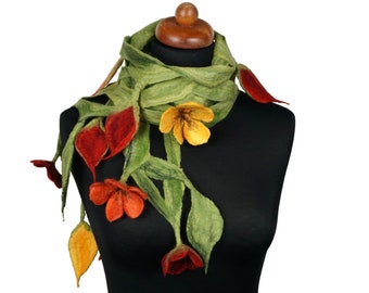 Openwork felt scarf with flowers and leaves, green felted scarf for women, unique gift, spring shawl - necklace, gift for her