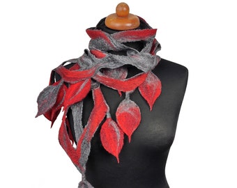 Openwork felt shawl, felted scarf for women, felting wool scarves, shades of gray and red felt scarf, gift for her, handmade, ready to ship