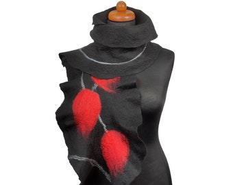 Warm winter felt scarf, black felted scarf with red flowers, merino wool scarf, felt shawl for her, scarves for women, gift ready to ship