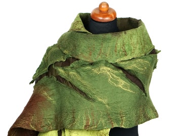 Felt shawl with a spatial motif, felted leaf scarf 3D, felted wool, silk and wool scarves for women, green and brown floral felt wrap