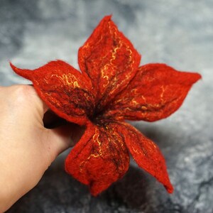 Felt brooch flower, red felted brooch with the addition of yellow and black silk, floral accessories for shawl, felt gift for women image 1