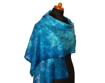 Turquoise felt scarf, silk and felt shawl for women, felted shawl, nuno felt scarves, silk and merino wool scarf for her, felt gift,handmade