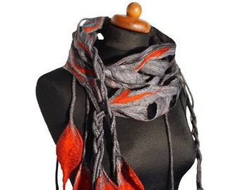 Openwork felt shawl, gray and red felted scarf for gift, felting wool scarves for women, shades of gray, original and unique felt scarf