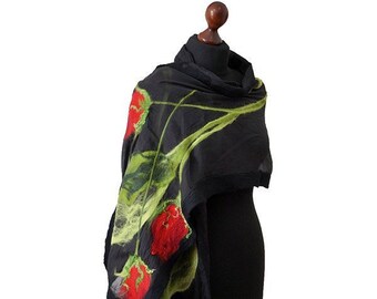 Spring felted scarf, silk felt shawl with tulips, nuno felting shawl, felted scarves for women, black, red and green, hand made gift for her