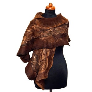 Felted scarf, silk felt shawl, felt scarves for women, shades of brown and beige, handmade brown scarf on silk, nuno felt scarf gift for her image 1