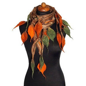 Openwork felt shawl, felted scarf for women, felting wool scarves, shades of brown, orange and green felt scarf, wool gift for her, handmade