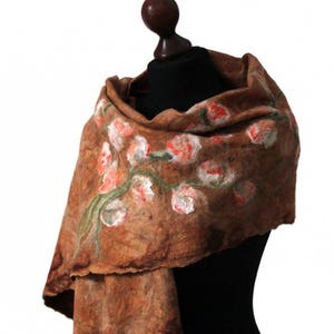 Felted scarf on loosely arranged silk fibers silk laps, felting shawl, felt scarves for women, brown, olive green and orange wool scarf image 3