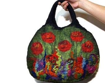 Felt handbag with a meadow motif, black, red, green, blue, pink and purple felted bag, unique and original colorful small felt bag for women