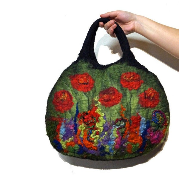 Sac à main en feutre avec motif prairie, sac feutré noir, rouge, vert, bleu, rose et violet, petit sac en feutre coloré unique et original pour femme