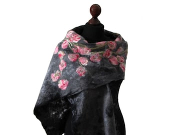 Felted scarf on silk fibers - silk laps, shawl in shades of dark gray with pink flowers, felt and silk  shawl, felted scarves for women