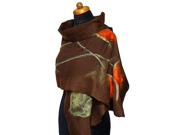 Silk felt shawl with tulips, felted scarf, nuno felt shawl for mom, felted scarves for women,brown,orange, green, felt spring shawl for gift