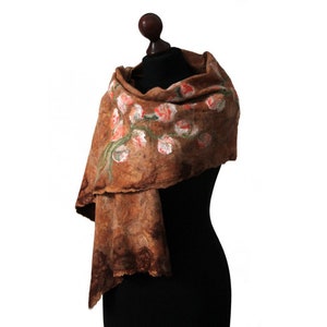 Felted scarf on loosely arranged silk fibers silk laps, felting shawl, felt scarves for women, brown, olive green and orange wool scarf image 1