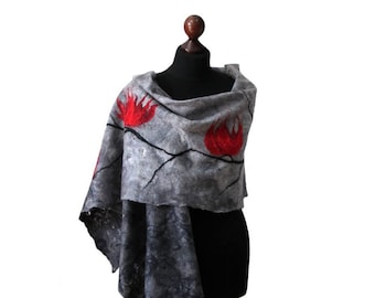 Felted scarf on loosely arranged silk fibers - silk laps, shawl in shades of gray with red flowers, felting shawl, felt scarves for women