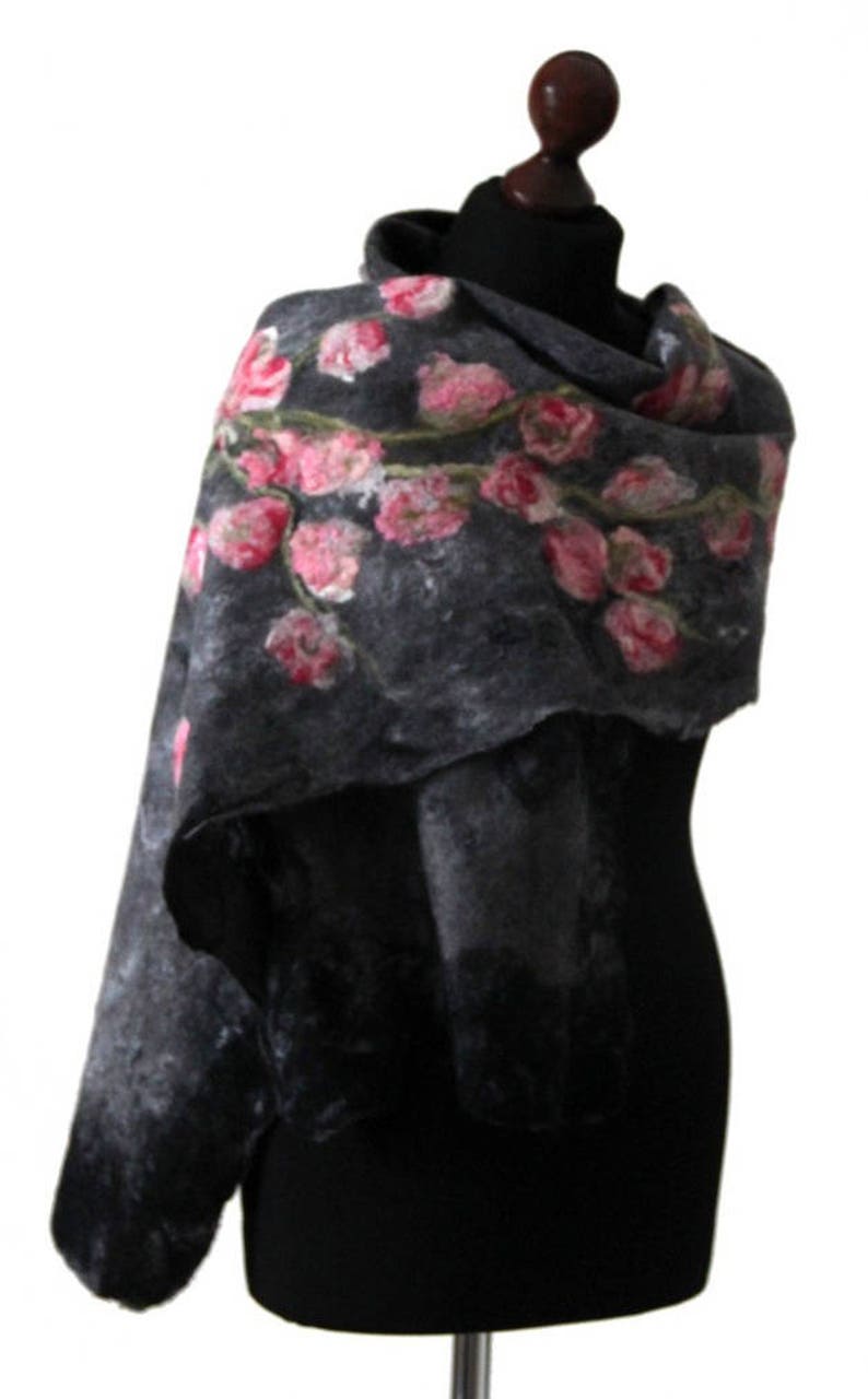 Felted scarf on silk fibers silk laps, shawl in shades of dark gray with pink flowers, felt and silk shawl, felted scarves for women image 5