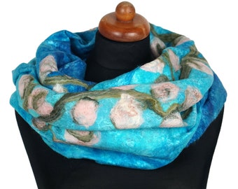 Felted scarf on loosely arranged silk fibers - silk laps, shawl in shades of turquoise with flowers, felting shawl, felt scarves for women