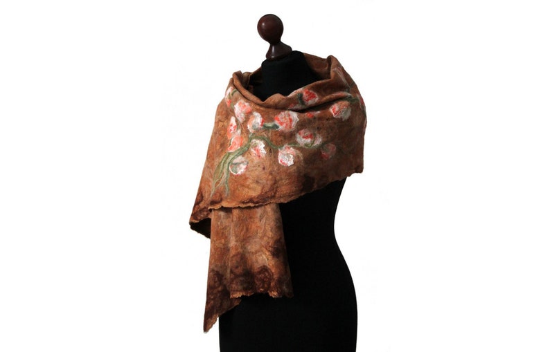 Felted scarf on loosely arranged silk fibers silk laps, felting shawl, felt scarves for women, brown, olive green and orange wool scarf image 1