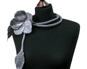 Felt necklace, handmade felted necklace, felt jewelry, floral necklace,flower necklace,felt belt,felted strip,shades of light gray and white