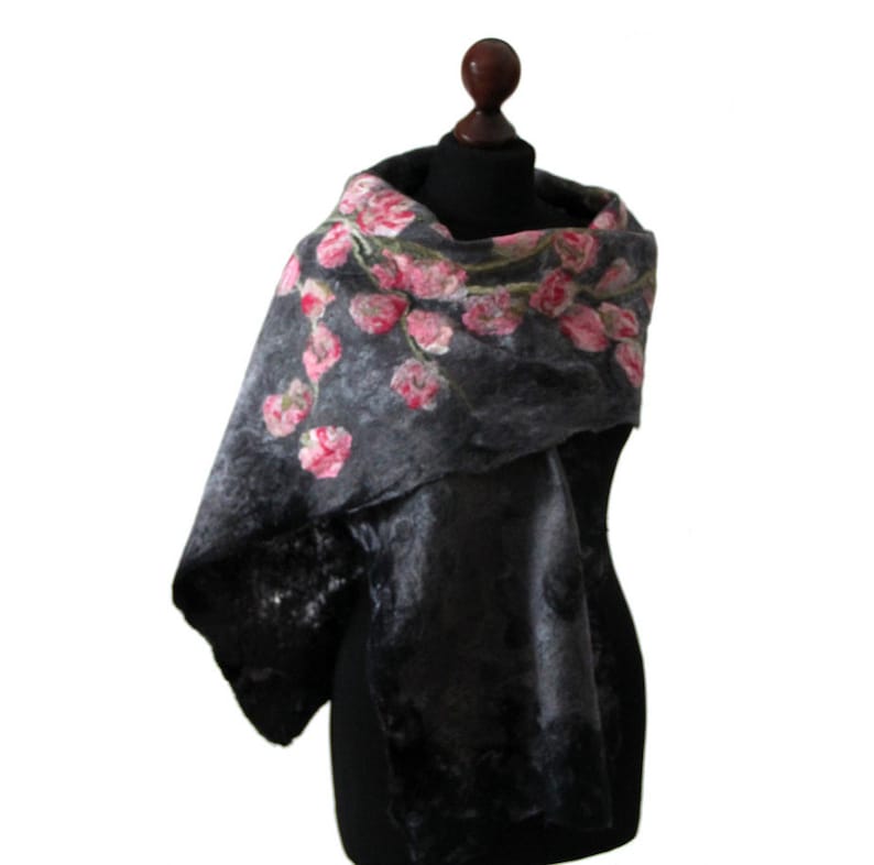 Felted scarf on silk fibers silk laps, shawl in shades of dark gray with pink flowers, felt and silk shawl, felted scarves for women image 1