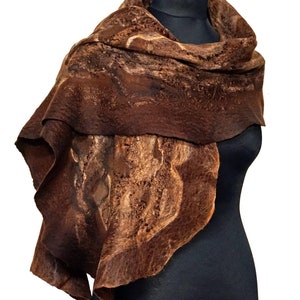 Felted scarf, silk felt shawl, felt scarves for women, shades of brown and beige, handmade brown scarf on silk, nuno felt scarf gift for her image 2