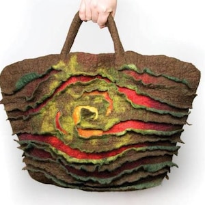 Large felt basket with spatial motif, handmade big handbag, big brown felted bag for women, brown, red, orange, yellow and green bag 3D