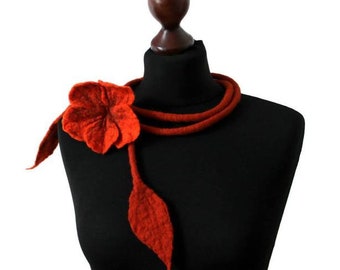 Felt necklace, handmade felted necklace, felt jewelry, floral necklace,flower necklace,felt belt,felted strip,orange,burnt orange,foxy,brown