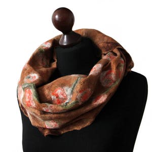 Felted scarf on loosely arranged silk fibers silk laps, felting shawl, felt scarves for women, brown, olive green and orange wool scarf image 2