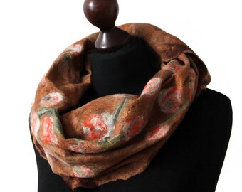 Felted scarf on loosely arranged silk fibers - silk laps, felting shawl, felt scarves for women, brown, olive green and orange wool scarf