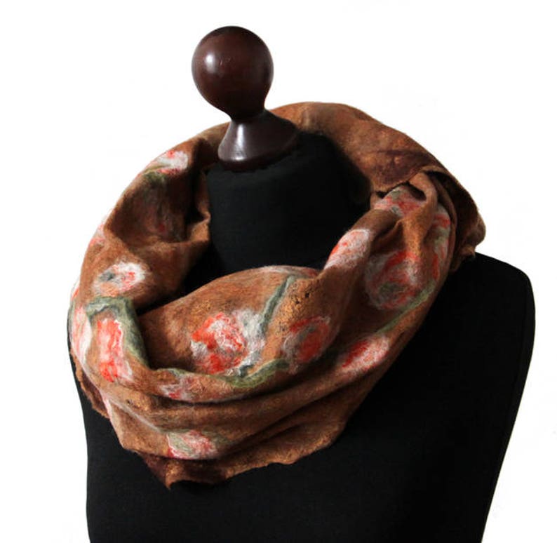 Felted scarf on loosely arranged silk fibers silk laps, felting shawl, felt scarves for women, brown, olive green and orange wool scarf image 2