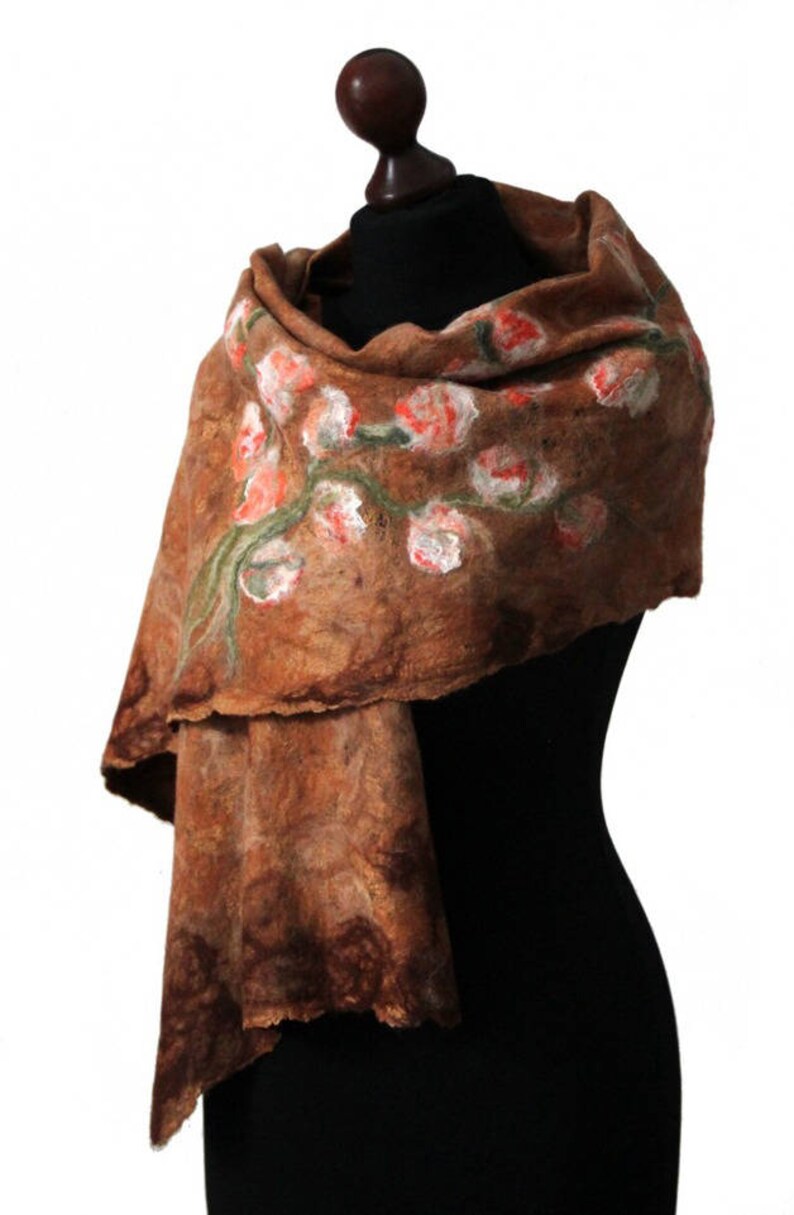 Felted scarf on loosely arranged silk fibers silk laps, felting shawl, felt scarves for women, brown, olive green and orange wool scarf image 3