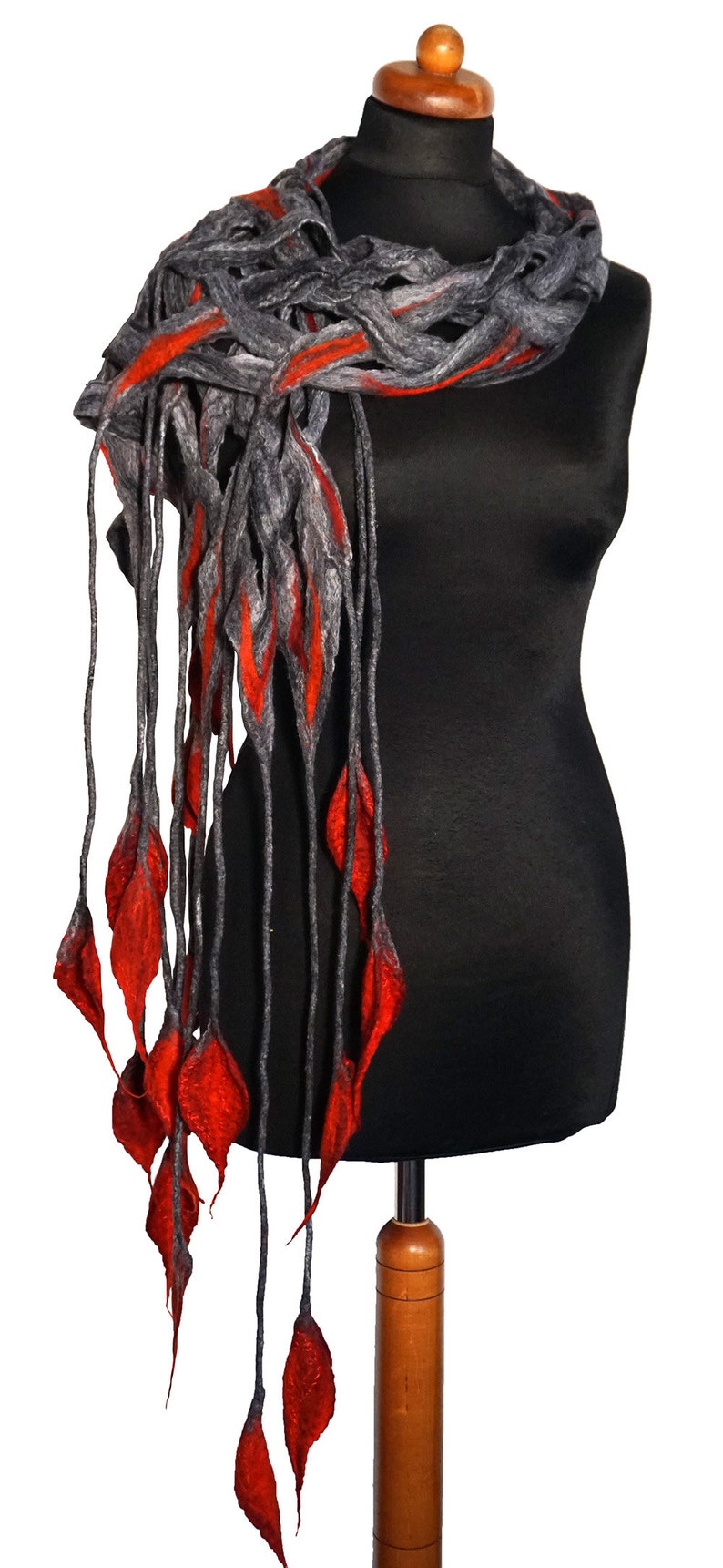 Openwork felt shawl, gray and red felted scarf for gift, felting wool scarves for women, shades of gray, original and unique felt scarf zdjęcie 6