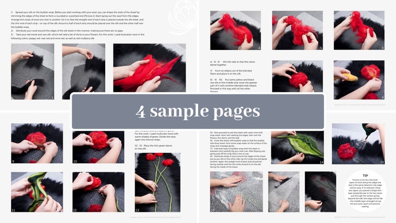 Wet felting Tutorial PDF, felt pattern, nuno felting, step by step, DIY, masterclass, felted scarf, silk and felt shawl, scarf with flowers zdjęcie 2