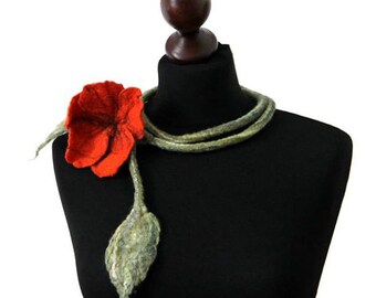 Felt necklace, handmade felted necklace, felt jewelry, floral necklace, flower necklace, felt belt, felted flower strip orange, green, brown