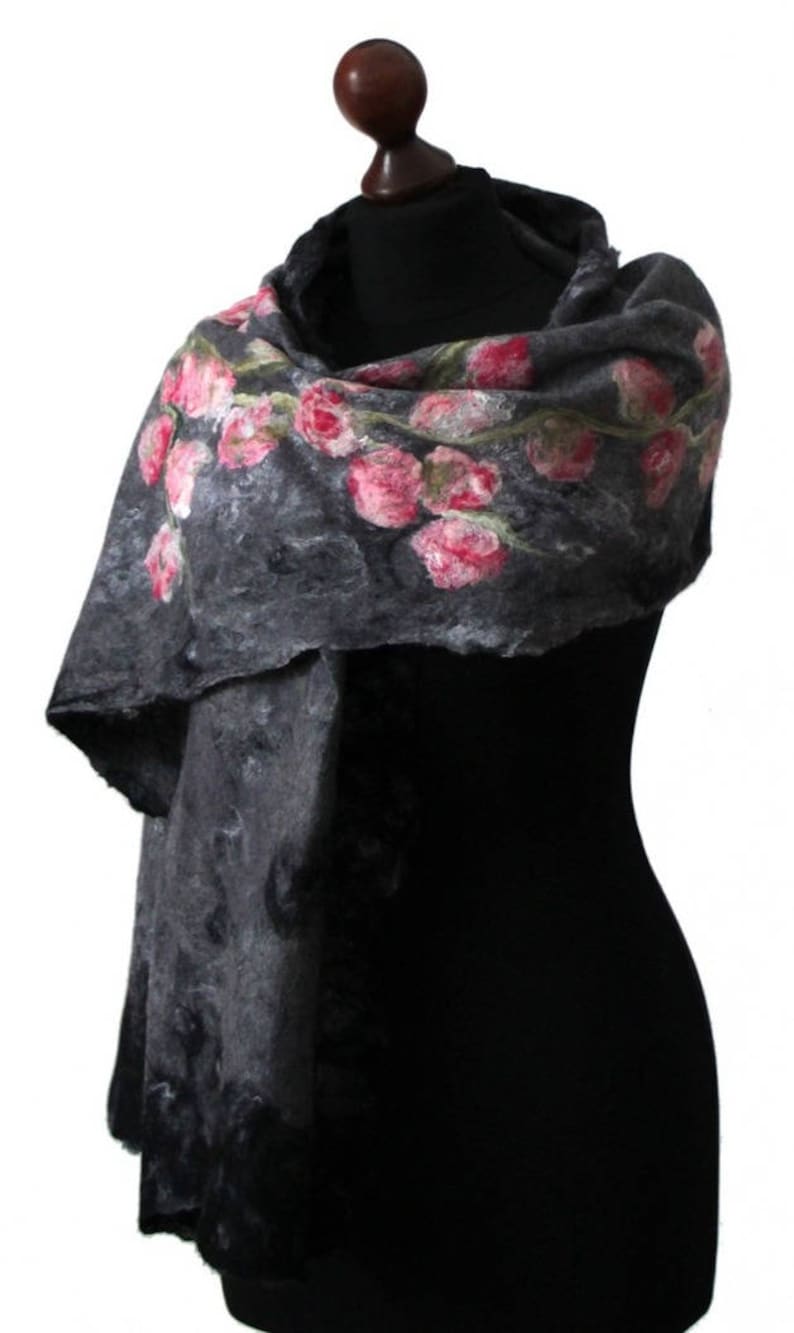 Felted scarf on silk fibers silk laps, shawl in shades of dark gray with pink flowers, felt and silk shawl, felted scarves for women image 2