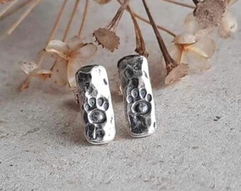Rustic Silver Paw Print Stud Earrings, 100% Recycled Sterling Silver, Hammered Silver Pawprint Studs, Cat or Dog Lover Gift, Eco Friendly