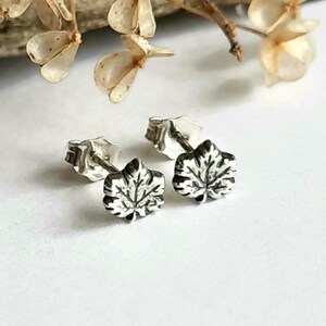 Tiny Silver Maple Leaf Stud Earrings - Dainty Oxidised Fine Silver Post Earrings - Cute Curated Ear Second Hole Lobe or Cartilage Piercing
