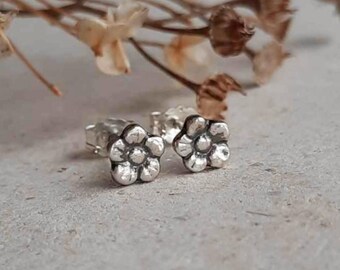 Teeny Tiny Silver Flower Stud Earrings ~ Micro Size Forget Me Not Earrings ~ Second or Third Hole Studs ~ Oxidised Fine and Sterling Silver