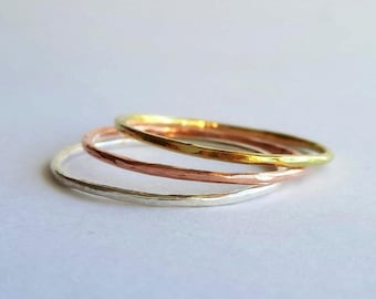 Set of 3 Ultra Thin Hammered Stacking Rings ~ Sterling Silver, Copper and Brass Skinny Stacker Rings ~ Textured Mixed Metal Stackable Rings