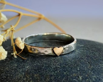 Hammered Sterling Silver & Gold Heart Ring - Recycled Metal