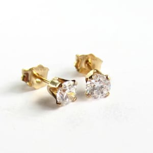 Tiny Clear Cubic Zirconia Stud Earrings - CZ Solitaire Earrings - April Birthstone Post Earrings - Bridesmaid Earrings - Gold Filled - 4mm