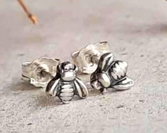 Teeny Tiny Silver Bee Stud Earrings, Micro Bumble Bee Post Earrings, Barely There Second Hole Studs, Oxidised Fine Silver, Bee Lover Gift