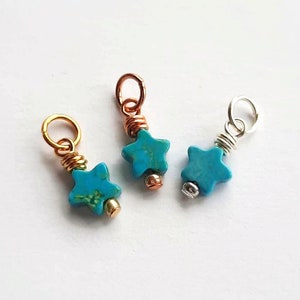 Tiny Turquoise Star Charm, December Birthstone Charm, Blue Gemstone Wedding Bouquet Charm, Something Blue, Silver, Gold or Rose Gold, 6x12mm
